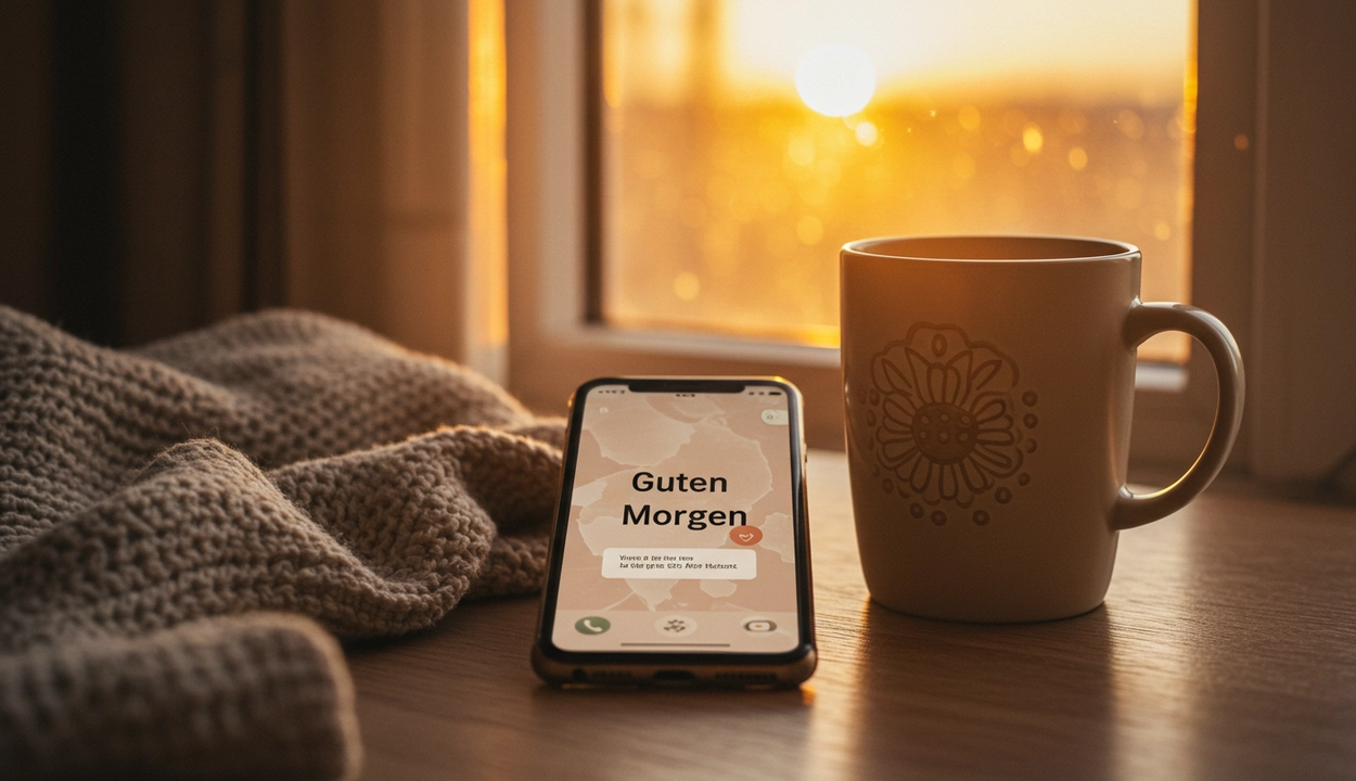 Guten Morgen Bild mit Sonnenaufgang und Kaffeetasse