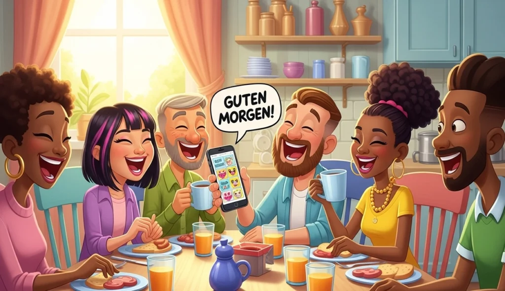 Menschen lachen über lustige Guten Morgen Bilder auf dem Handy