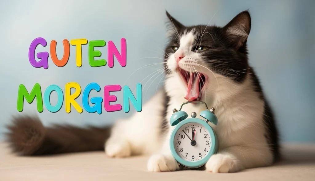 Schlafende Katze mit lustigem Gesichtsausdruck und Guten Morgen Text