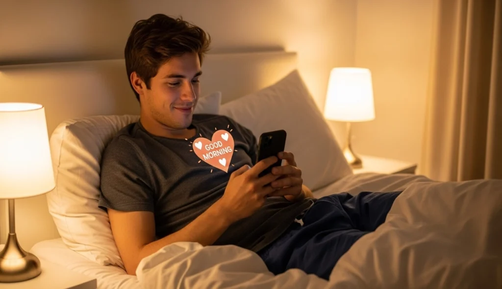Person schaut sich romantische Guten Morgen Nachricht auf dem Handy im Bett an