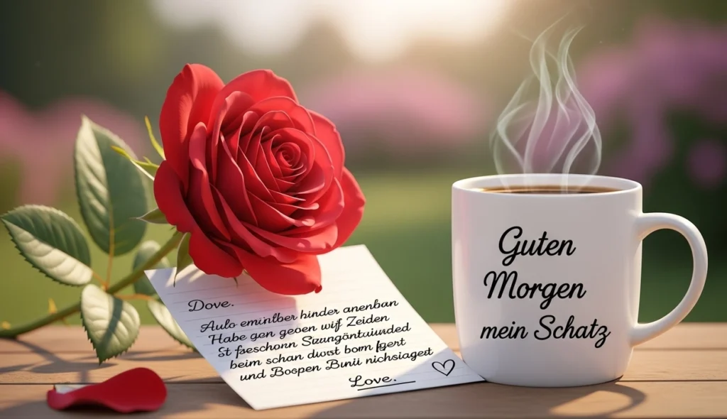 Guten Morgen Bild mit roter Rose, Liebesbrief und Kaffeetasse für den Schatz