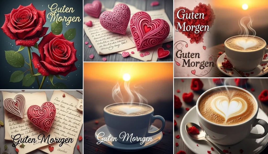 Collage aus romantischen Guten Morgen Bildern mit Herzen, Kaffee und Rosen