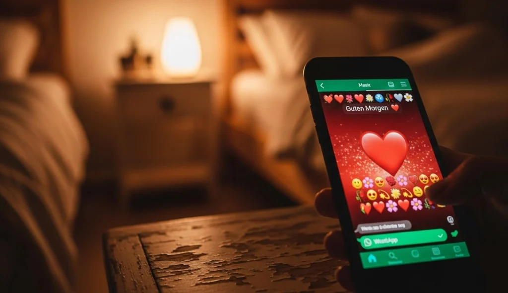 WhatsApp-Gruß mit romantischem Guten Morgen Bild und Emojis auf dem Handy