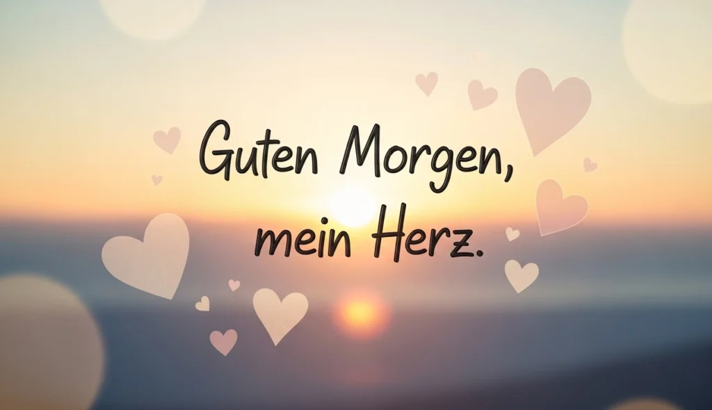 Guten Morgen Bild mit romantischem Spruch und Herzsymbol vor Sonnenaufgang